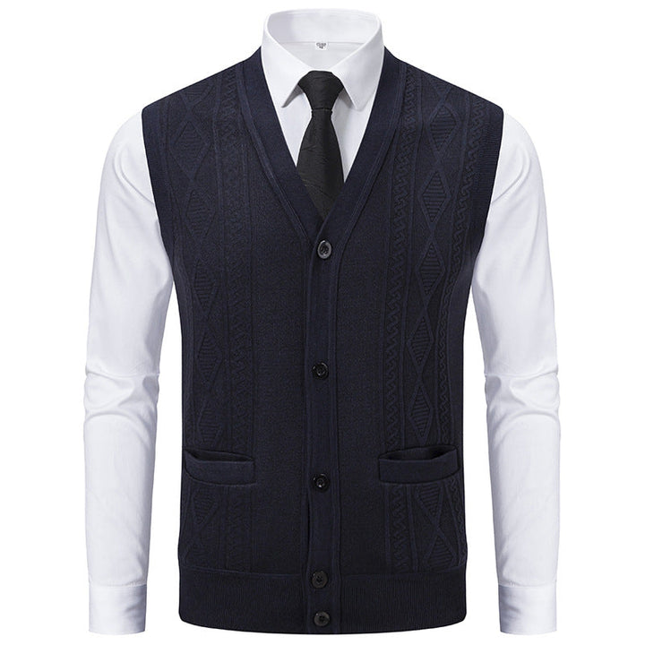 Men's V-neck Knitted Vest with Cable Pattern, Continuous Button Placket and Patch Pockets