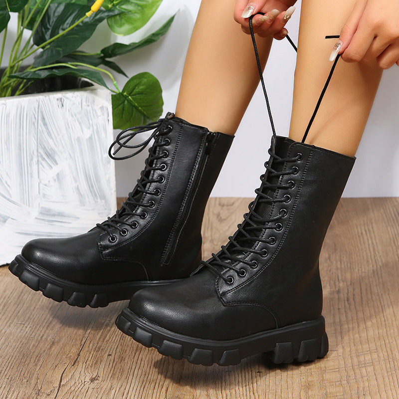 Women's Platform Biker Boots with Side Zipper, Lacing and Distinctive Profile Sole
