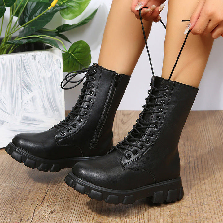Women's Platform Biker Boots with Side Zipper, Lacing and Distinctive Profile Sole