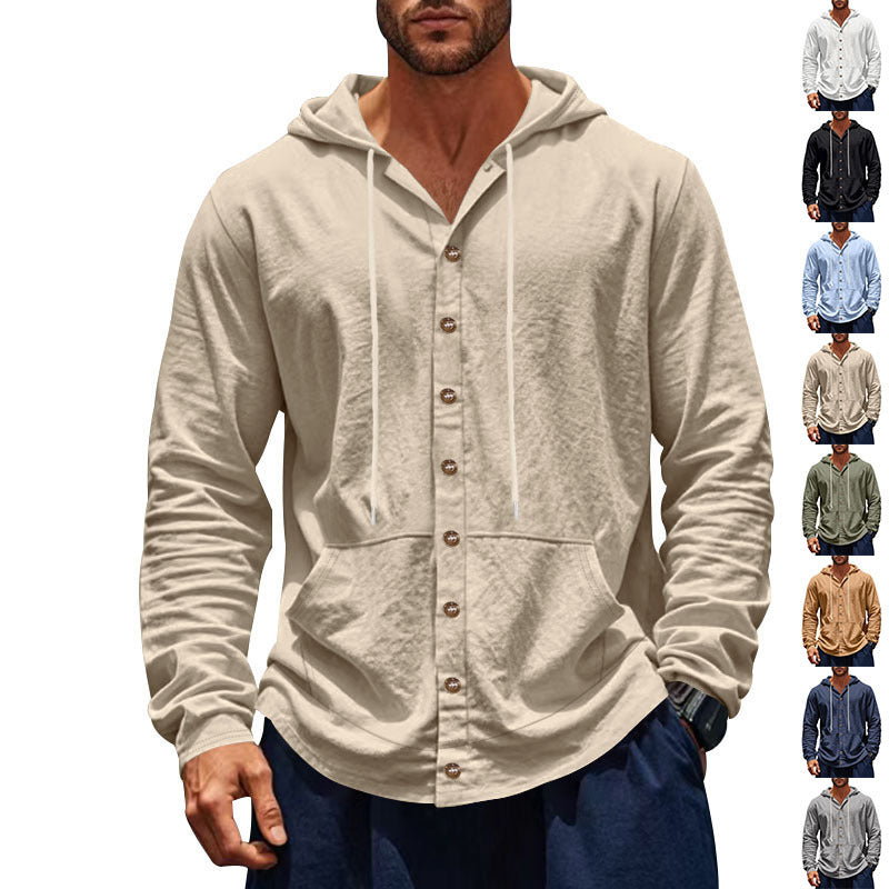 Men's Slim-fit Hoodie Cardigan with Full Button Placket, Mounted Kangaroo Pocket, and Lightweight Structured Knit
