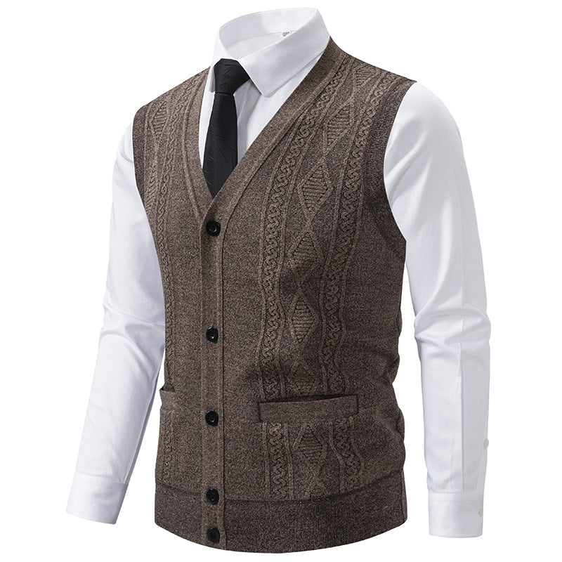 Men's V-neck Knitted Vest with Cable Pattern, Continuous Button Placket and Patch Pockets