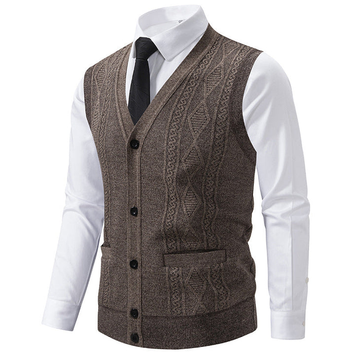 Men's V-neck Knitted Vest with Cable Pattern, Continuous Button Placket and Patch Pockets