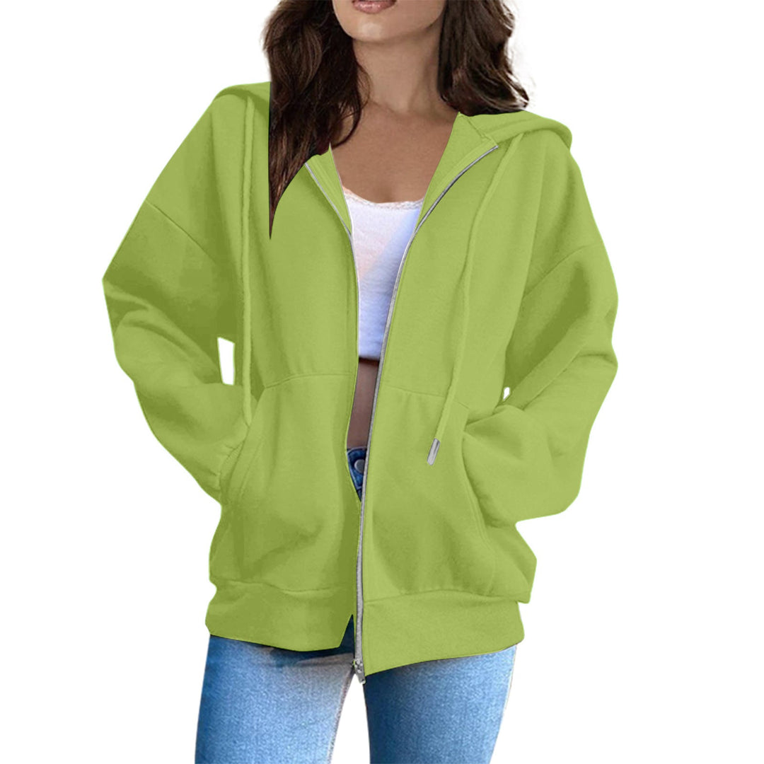 Women's Casual Hoodie Jacket with Continuous Zipper, Kangaroo Pockets, and Voluminous Raglan Sleeves