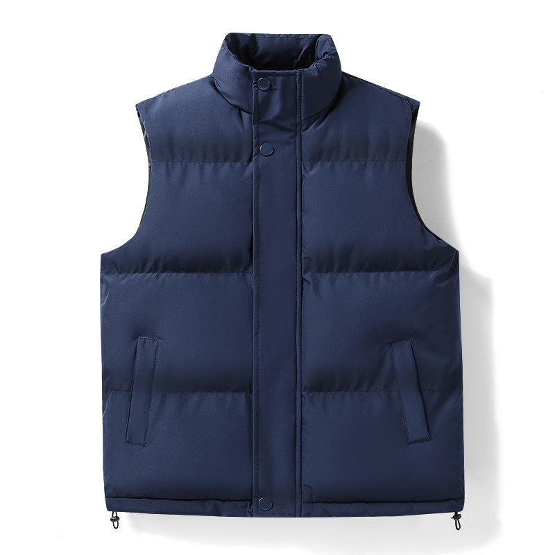 Men's Warm Quilted Outdoor Vest with High Stand-up Collar, Concealed Snap Placket, and Adjustable Hem