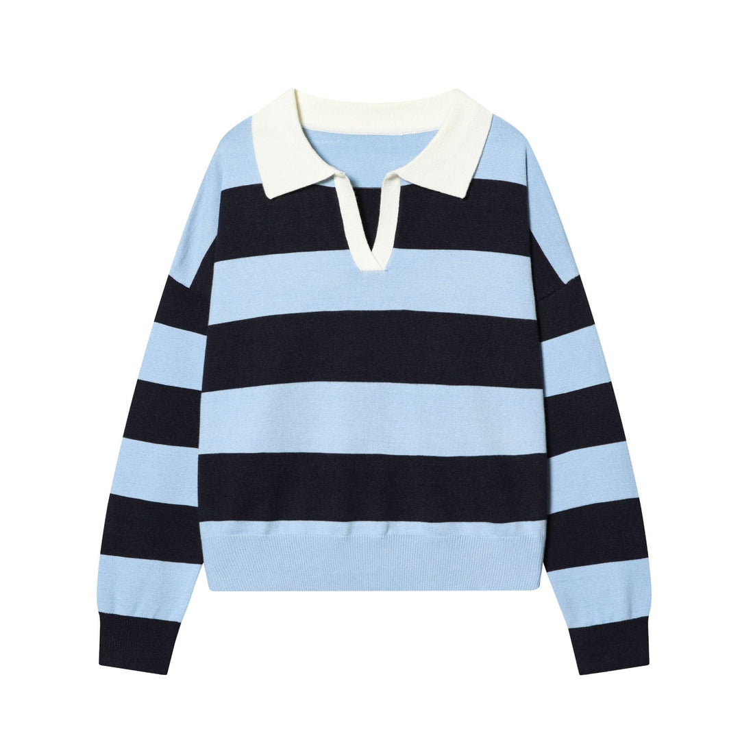 Women's Striped Fine Knit Polo Sweater with Button Placket, Ribbed Cuffs, and Light Wool Blend