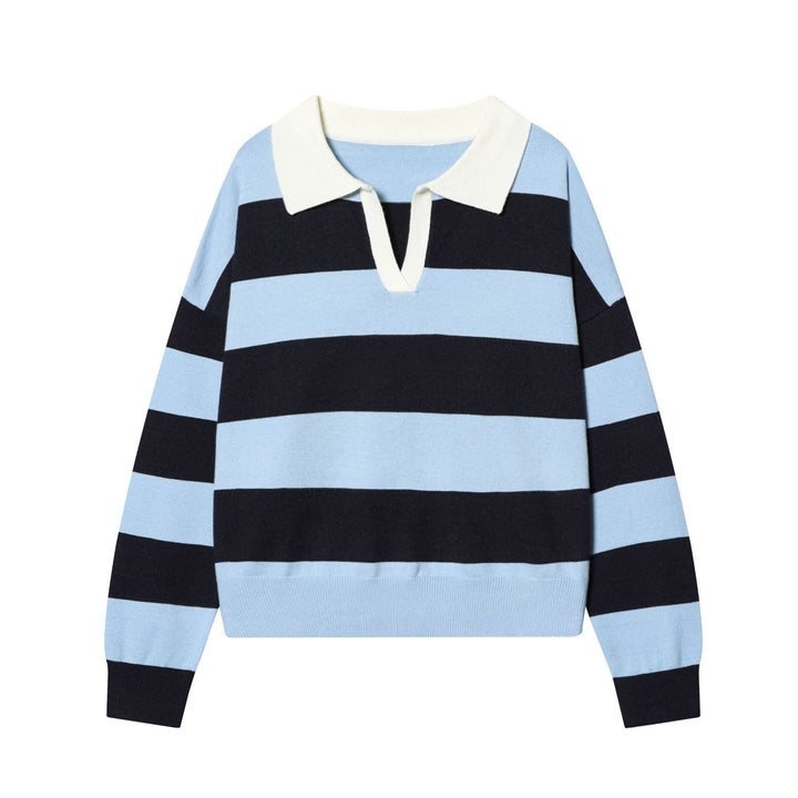 Women's Striped Fine Knit Polo Sweater with Button Placket, Ribbed Cuffs, and Light Wool Blend