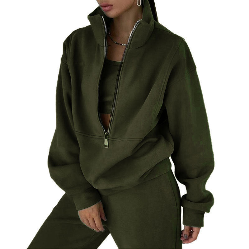 Women's Short Half-zip Sweatshirt and Jogging Pants Set with Stand-up Collar, Oversized Cut and Soft French Terry