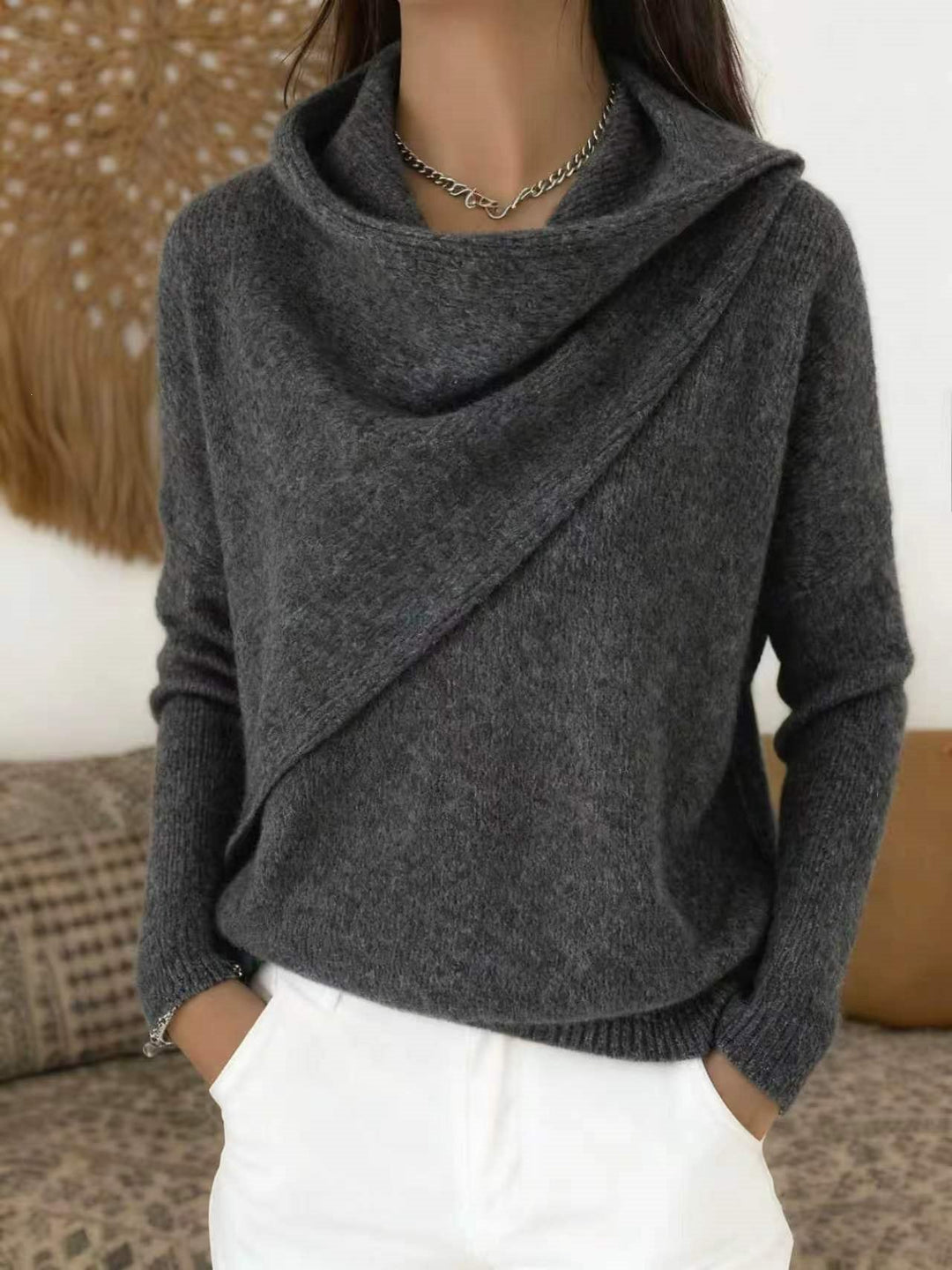 Women's Asymmetric Chunky Knit Sweater with Shawl Collar