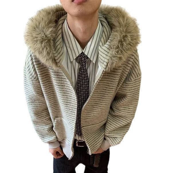 Men's Fashionable Hooded Jacket with Faux Fur Collar