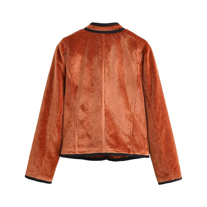 Women's Velvet Blazer-style Jacket with Stand-up Collar and Covered Buttons
