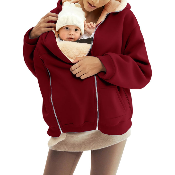 Women Baby Carrier Hoodie with Teddy Lining and Two-way Zipper