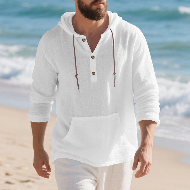 Men's Lightweight Hooded Henley made of Linen-cotton Blend with Kangaroo Pocket and Button Placket
