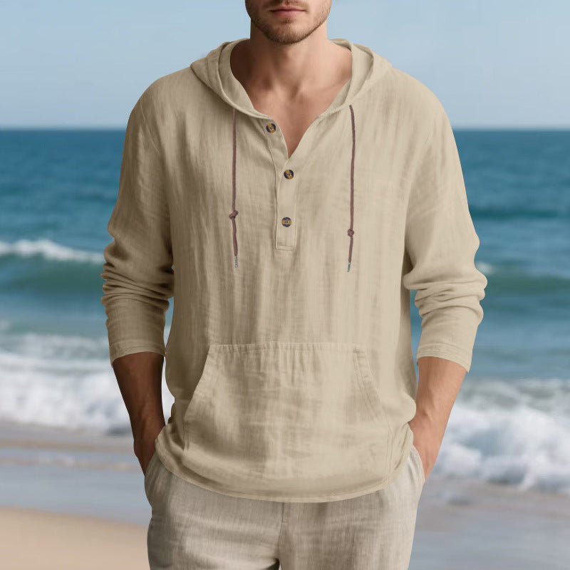 Men's Lightweight Hooded Henley made of Linen-cotton Blend with Kangaroo Pocket and Button Placket