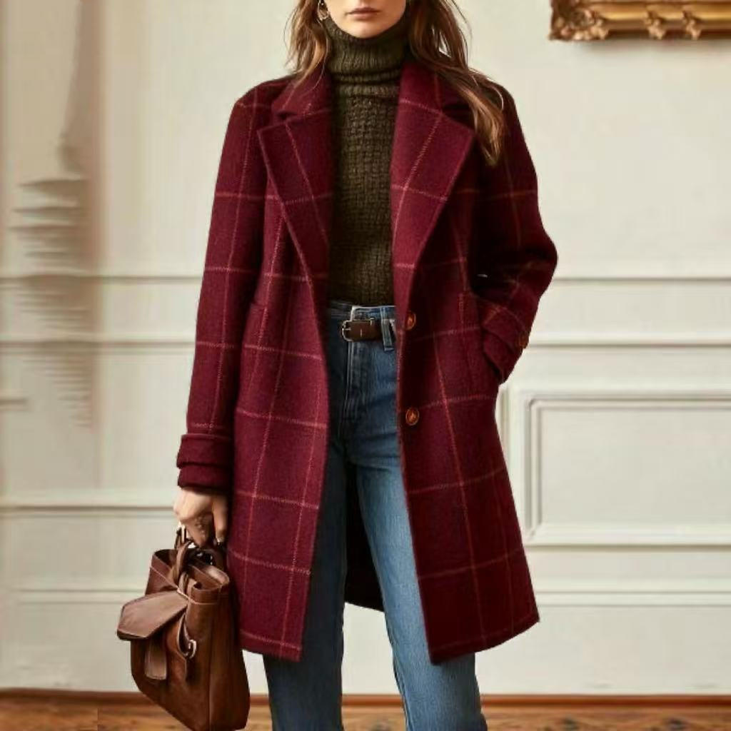 Women's Stylish Wool Coat with Check Pattern