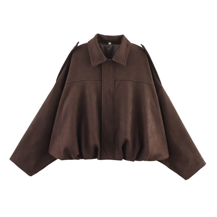 Women Oversized Suede Bomber Jacket with Shoulder Epaulettes