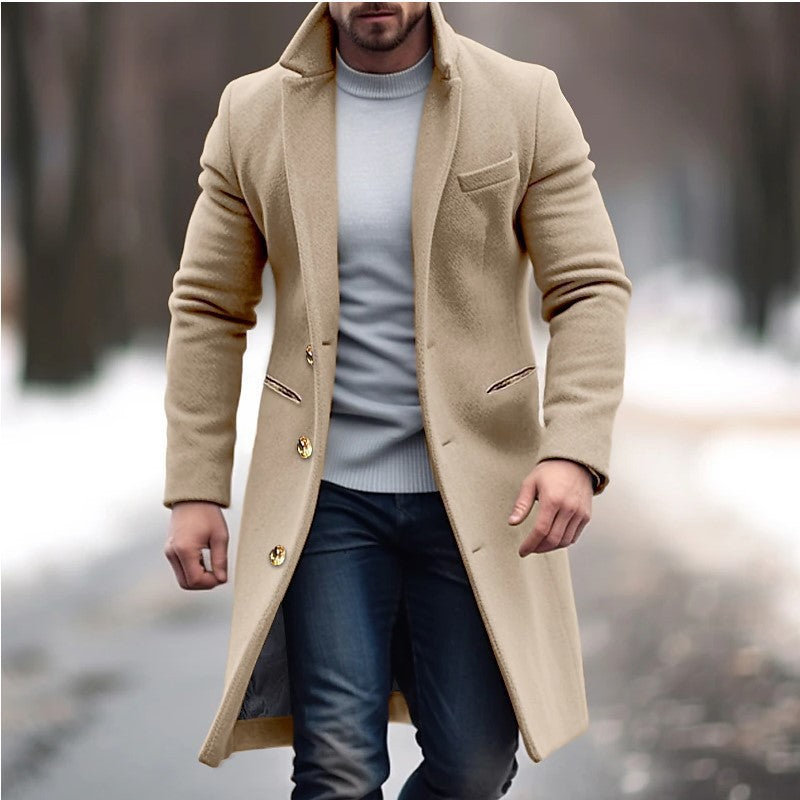 Men's Elegant Single-Breasted Long Coat made of Wool Blend with Slim Silhouette and Lapel Collar