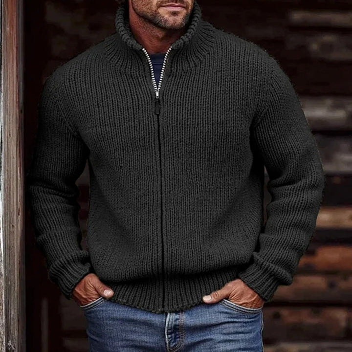 Men's Chunky Knit Cardigan with Stand-up Collar and Continuous Zipper