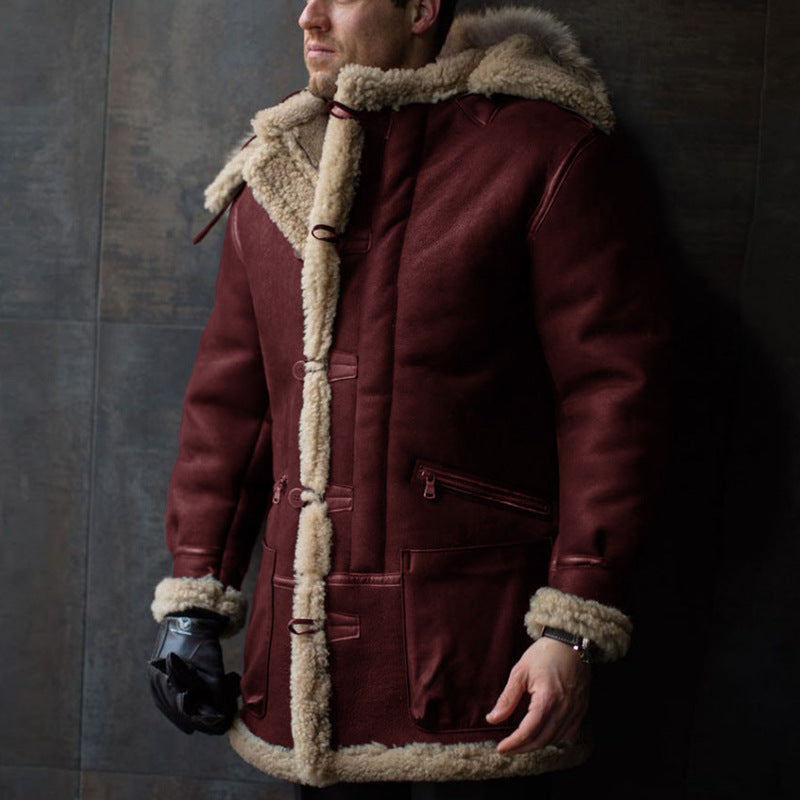 Men's Sheepskin Coat with Hood and Practical Pockets