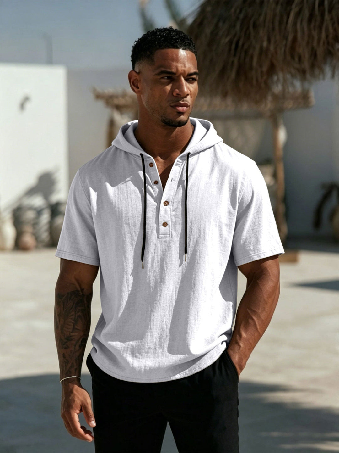 Men's Short Sleeve Hoodie Henley in Linen Look with Button Placket