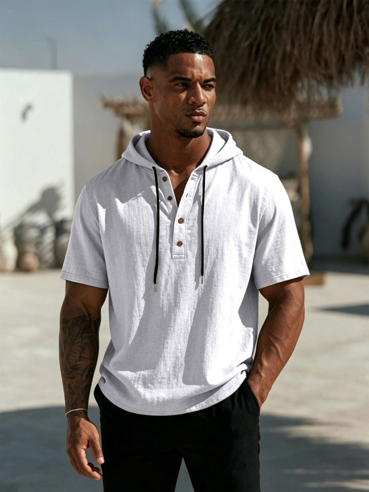 Men's Short Sleeve Hoodie Henley in Linen Look with Button Placket