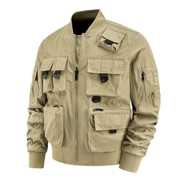 Men's Multifunctional Utility Bomber Jacket with Numerous Pockets, D-ring Details, and Wind-resistant Nylon Shell