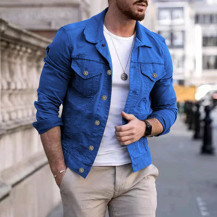 Men's Tailored Denim Jacket in Trucker Style with Chest Pockets and Metal Buttons