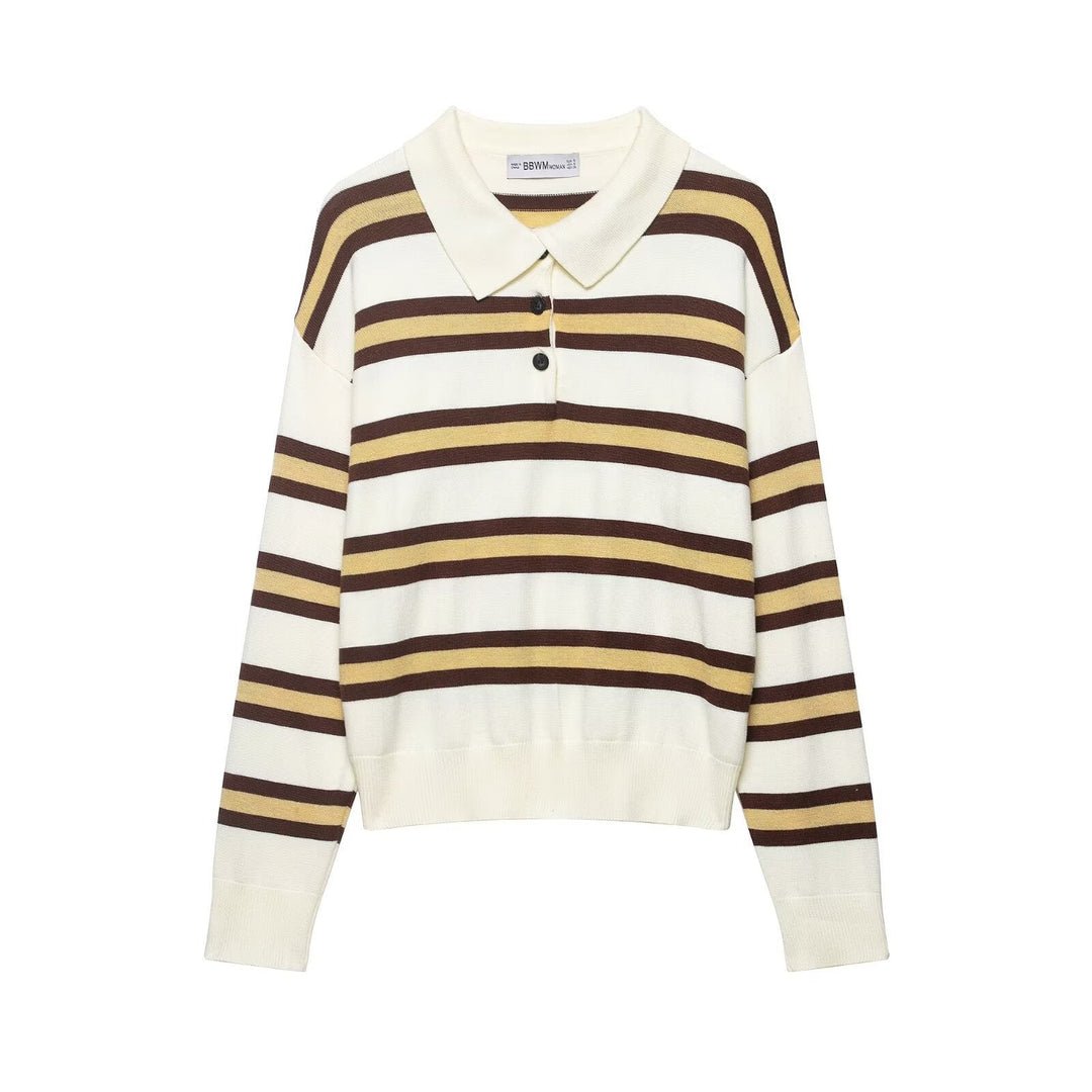 Women's Striped Knit Polo Sweater in Oversize Cropped Cut
