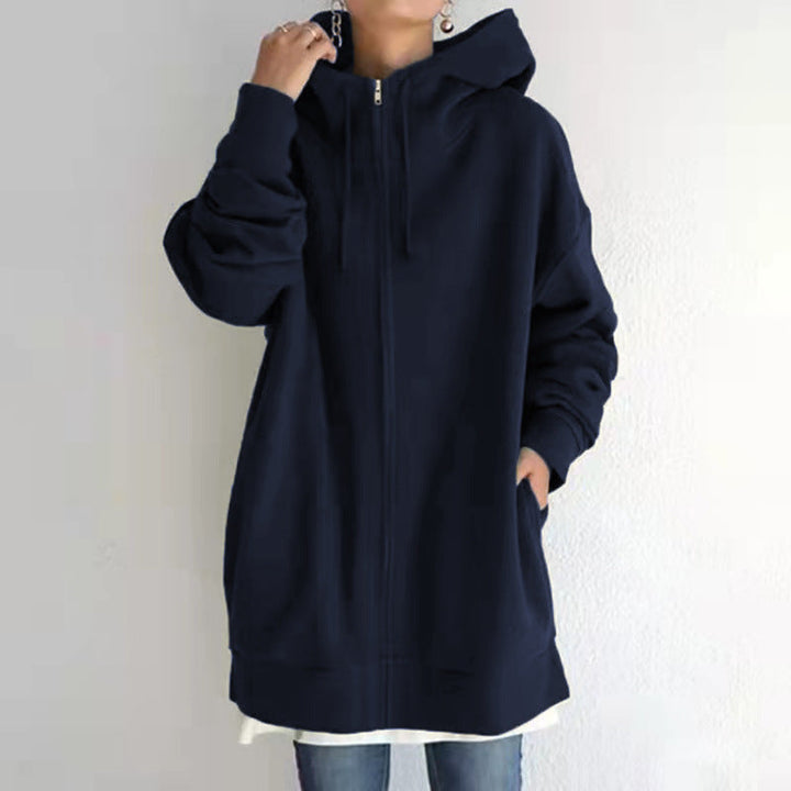 Women's Oversized Hooded Long Pullover with Zipper and Side Pockets