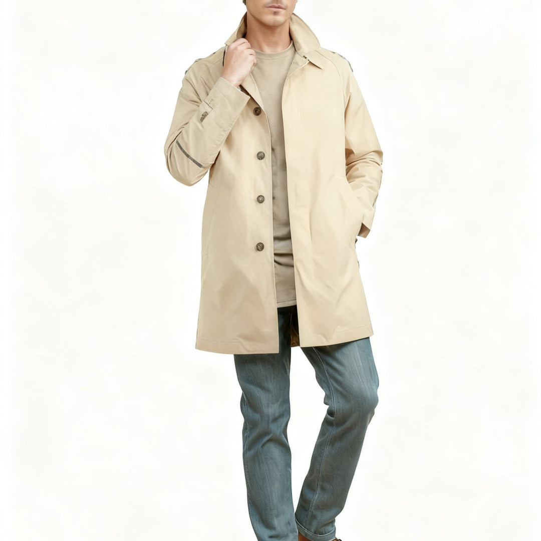 Men's Mid-length Car Coat with Lapel Collar and Concealed Button Placket