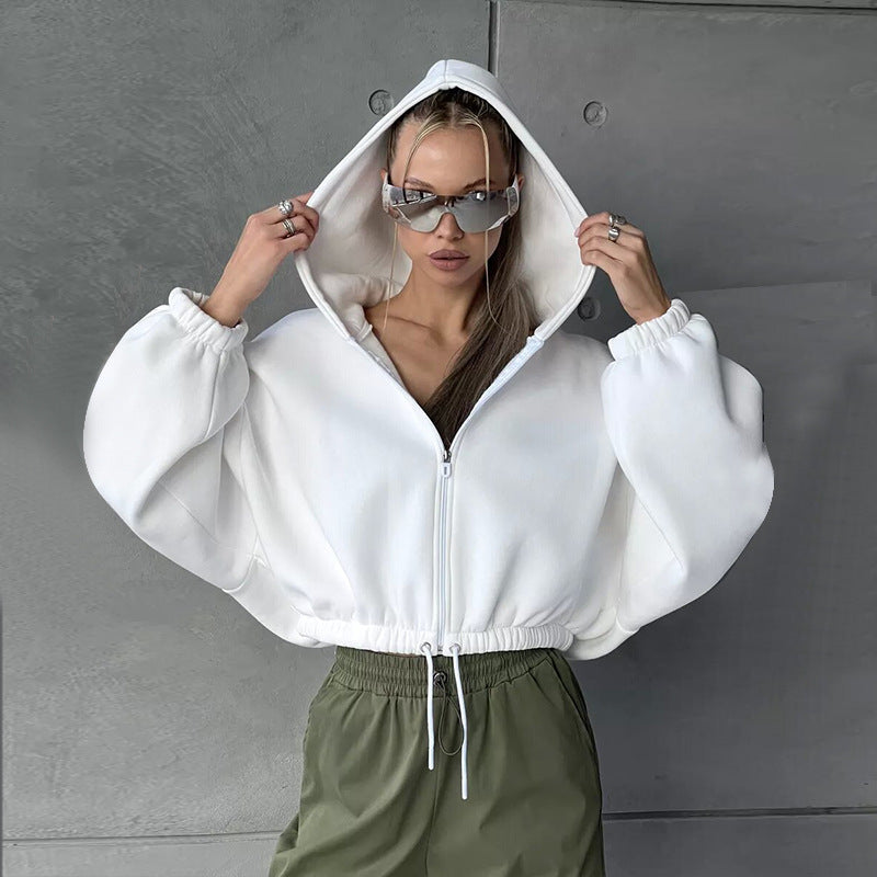 Women's Short Hooded Jacket with Drawstring Waistband, Balloon Sleeves, and Half-height Zipper