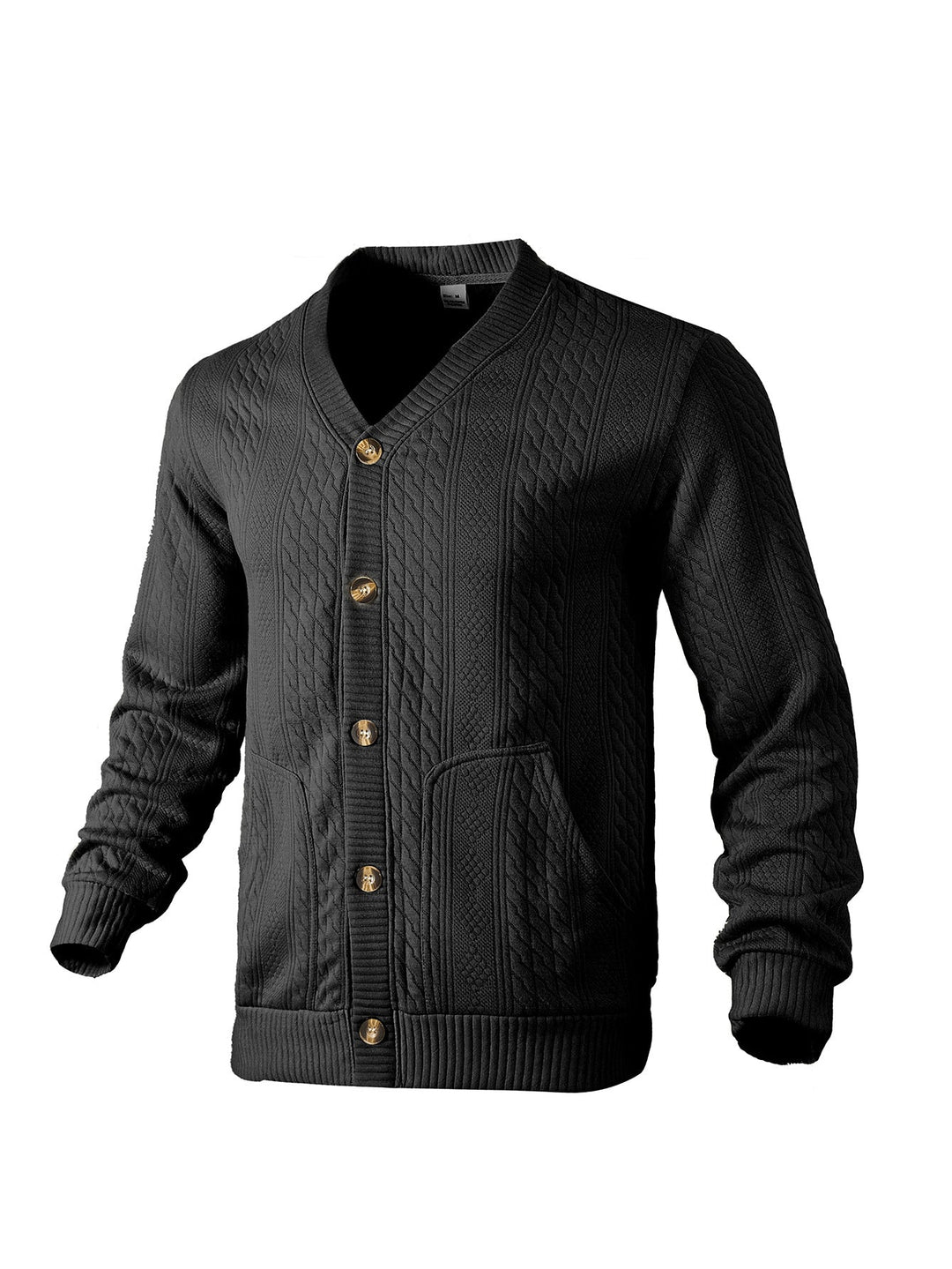 Men's Elegant Braided Knit Cardigan with V-neck Button Placket and Patch Pockets
