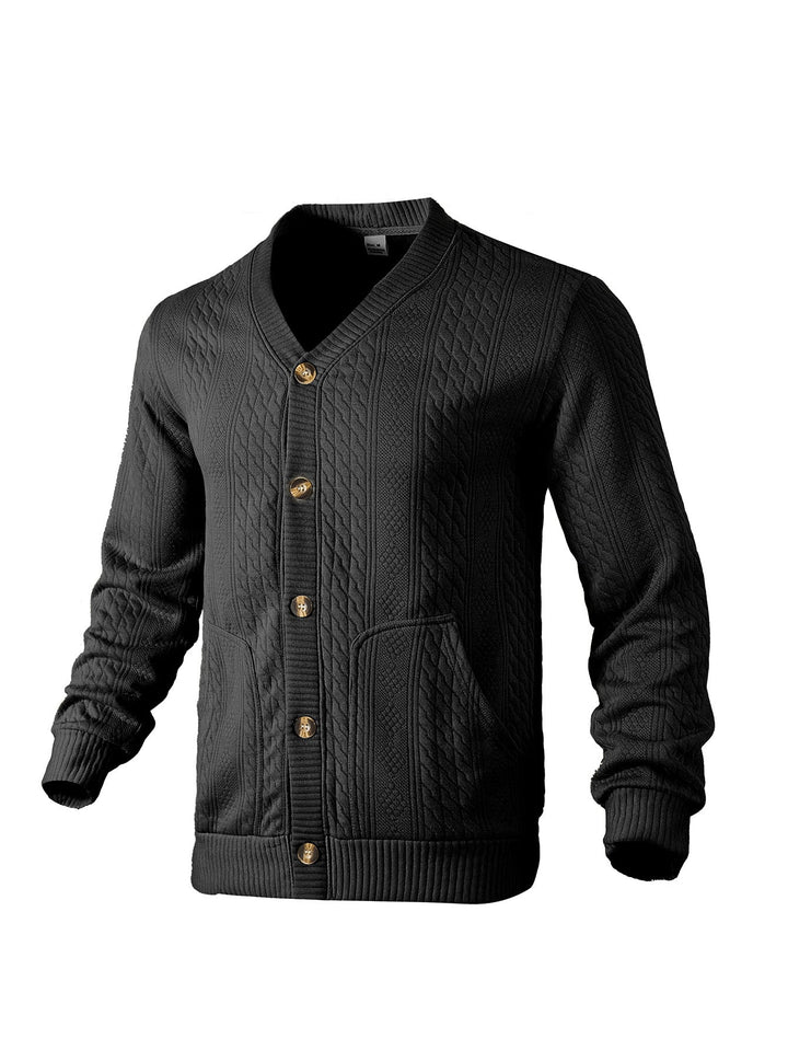 Men's Elegant Braided Knit Cardigan with V-neck Button Placket and Patch Pockets