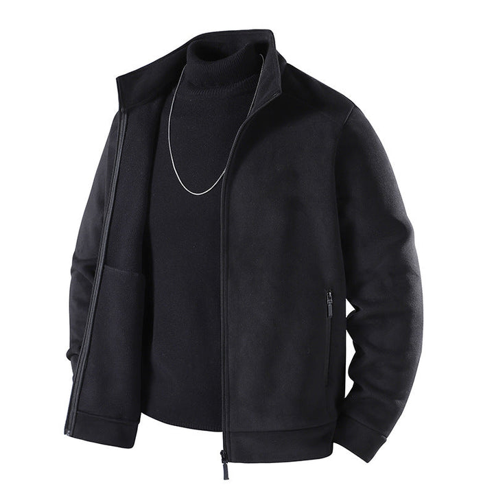 Men's Simple Velvet-Look Transitional Jacket with High-Closing Stand-Up Collar, Concealed Two-Way Zipper & Zip Pockets