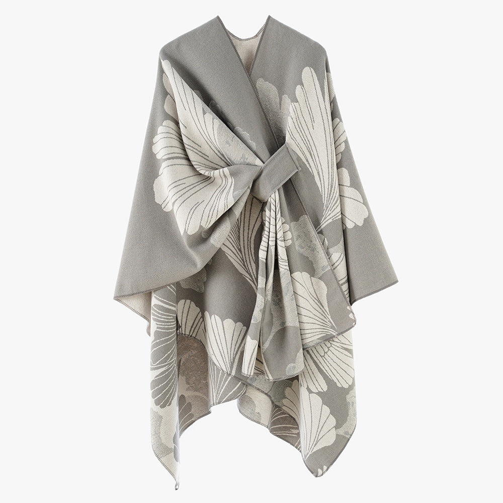 Women's Oversize Jacquard Cape made of Wool Blend with Floral Jacquard and Front Loop