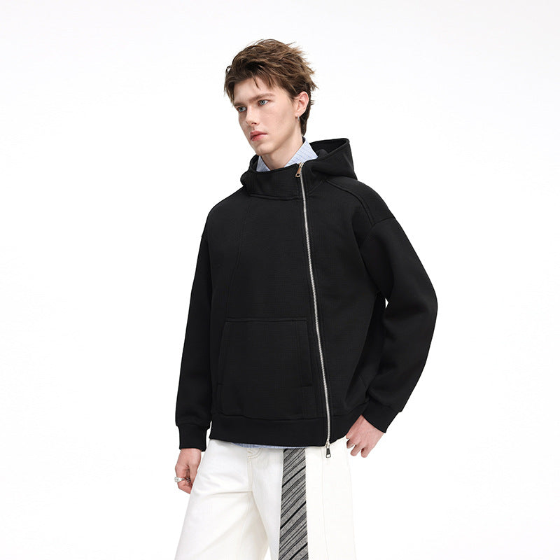 Unisex Asymmetric Hoodie with High Collar, Diagonal Zipper and Kangaroo Pocket