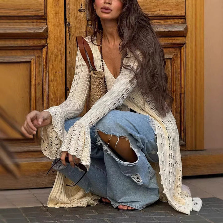 Women Long Crochet Knit Cardigan with Bell Sleeves and Open Front