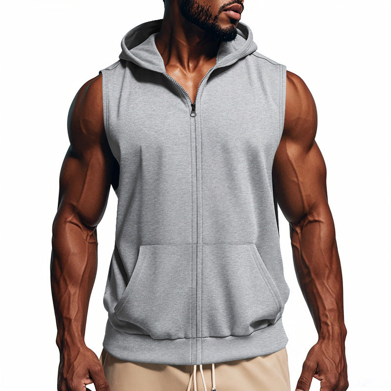 Men's Muscle-fit Training Hoodie Vest with Zipper and Kangaroo Pocket
