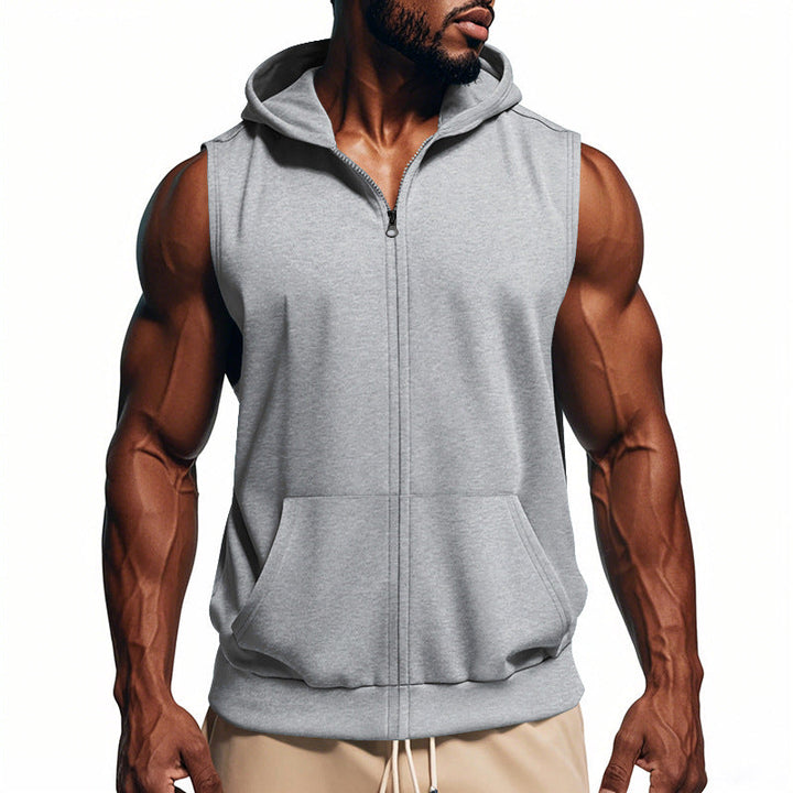 Men's Muscle-fit Training Hoodie Vest with Zipper and Kangaroo Pocket
