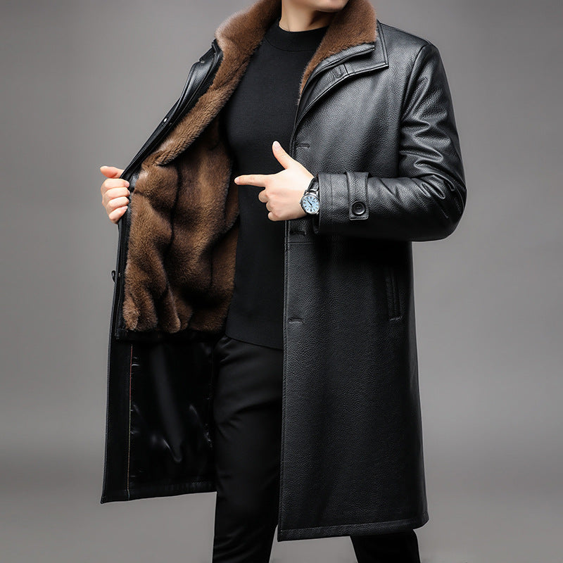 Men's Long Leather Coat with Removable Fur Collar and Thermal Lining