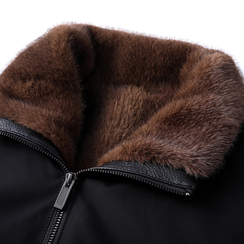 Men's Long Leather Coat with Removable Fur Collar and Thermal Lining