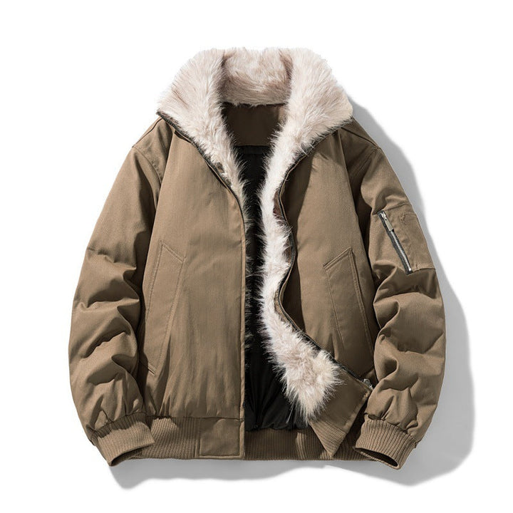 Men's Nappa Padded Bomber Jacket with Synthetic Fur Collar and Windproof Insulation