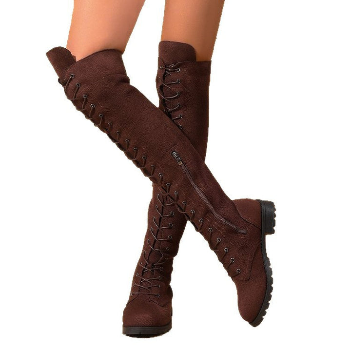 Women's Over-the-knee Lace-up Boots with Side Zipper, Decorative Lacing, and Textured Rubber Sole