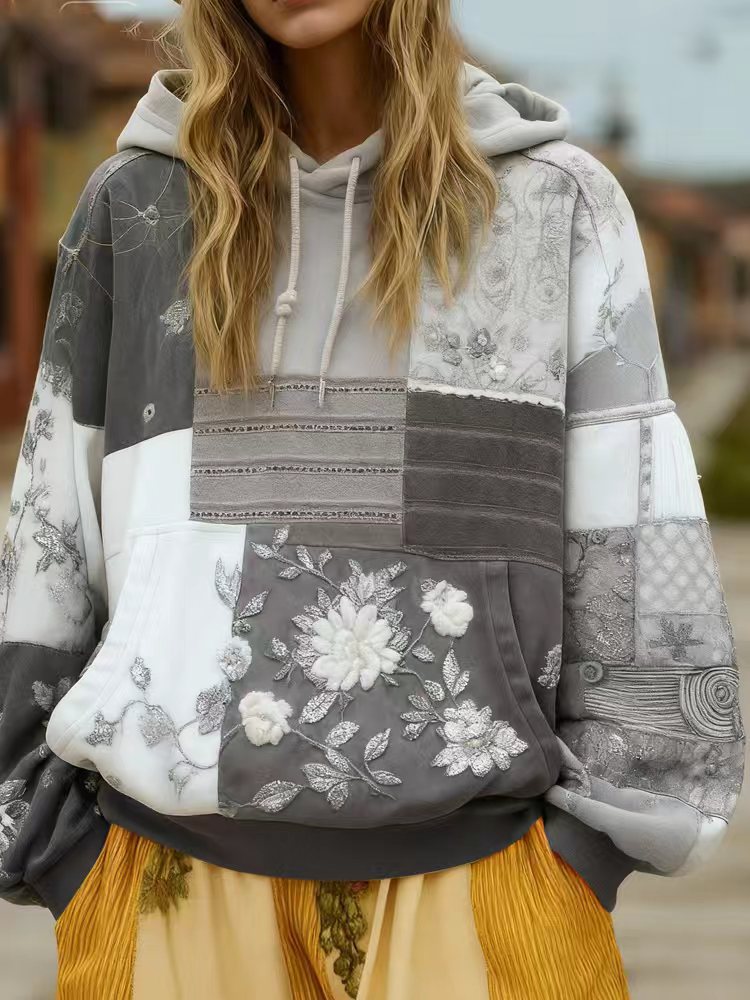 Women's Embroidered Patchwork Hoodie with Flower Applique and Kangaroo Pocket