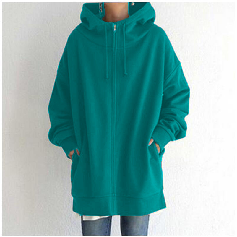 Women's Oversized Hooded Long Pullover with Zipper and Side Pockets