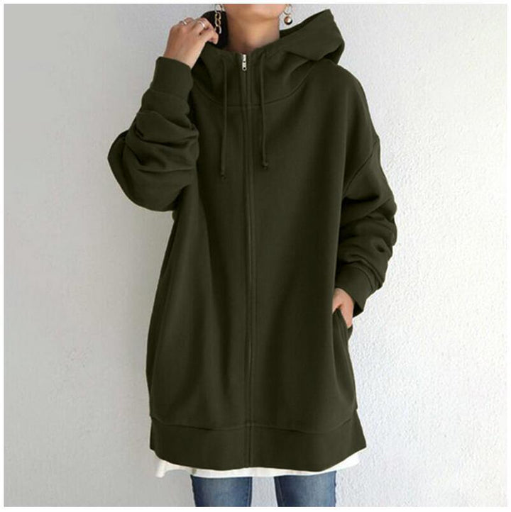 Women's Oversized Hooded Long Pullover with Zipper and Side Pockets