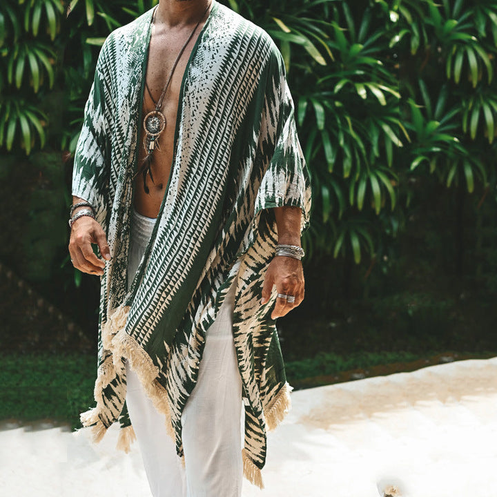 Men's Lightweight Beach Poncho in Kimono Style with Fringe