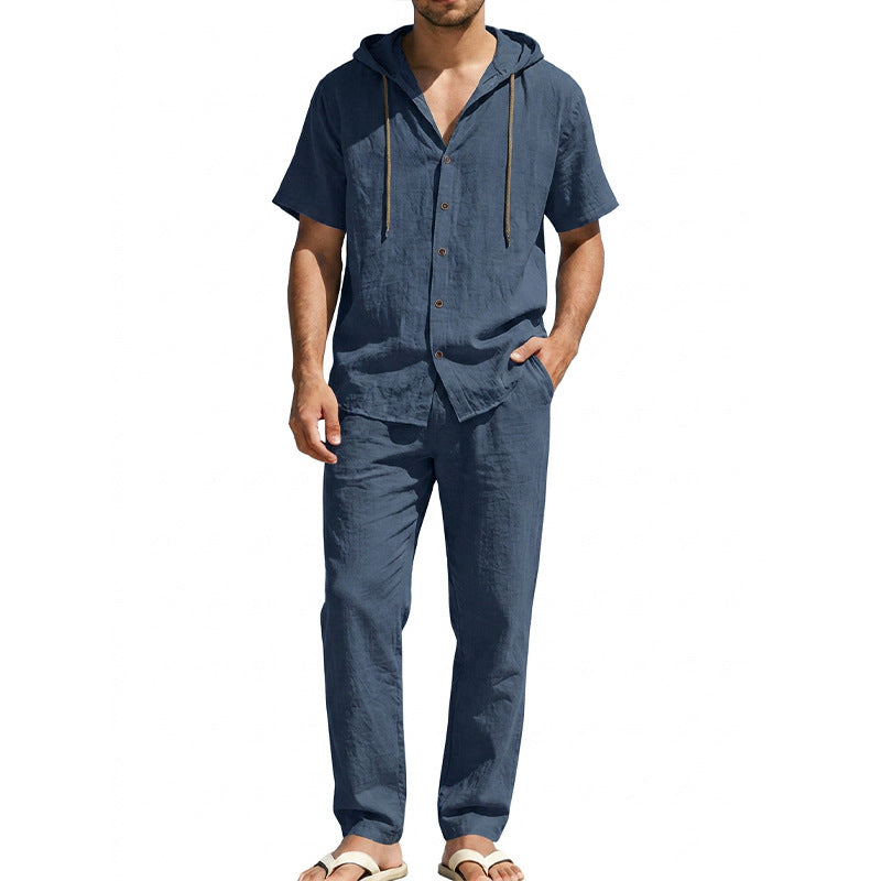 Men's Airy Linen Lounge Set with Short-sleeved Hoodie and Straight Relaxed Pants