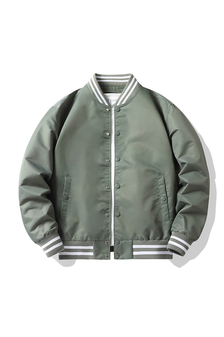 Men's Retro-striped Collar Varsity Snap-front Satin-effect Bomber Jacket