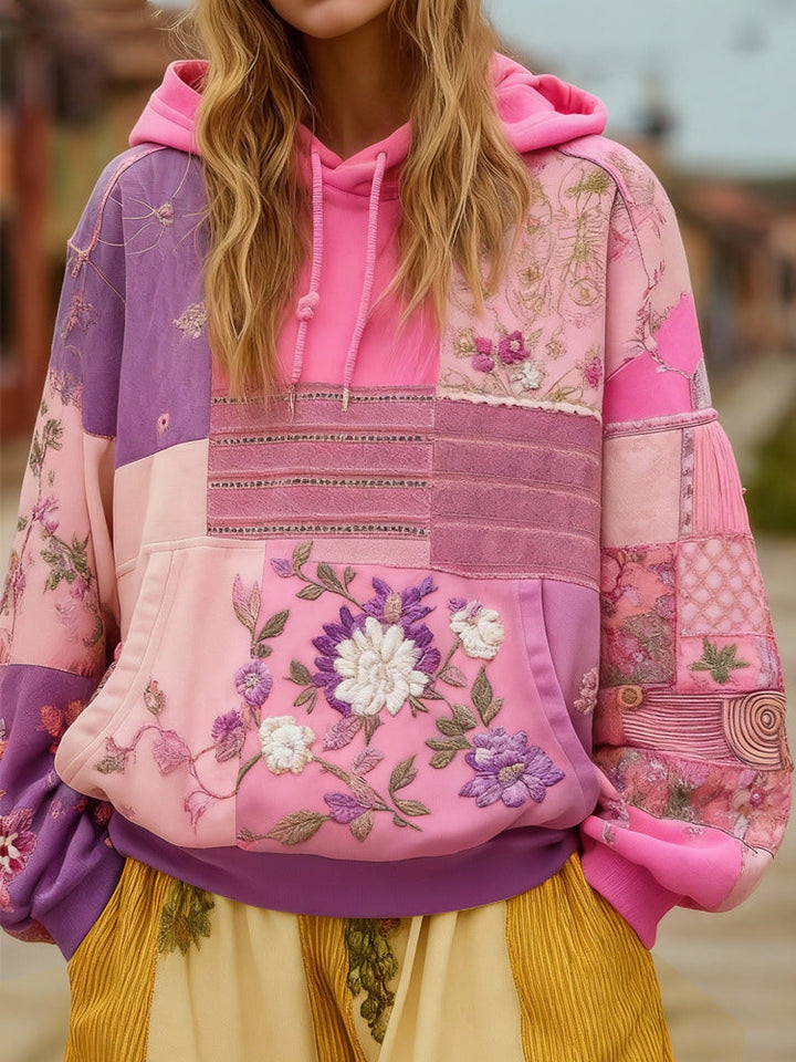 Women's Embroidered Patchwork Hoodie with Flower Applique and Kangaroo Pocket
