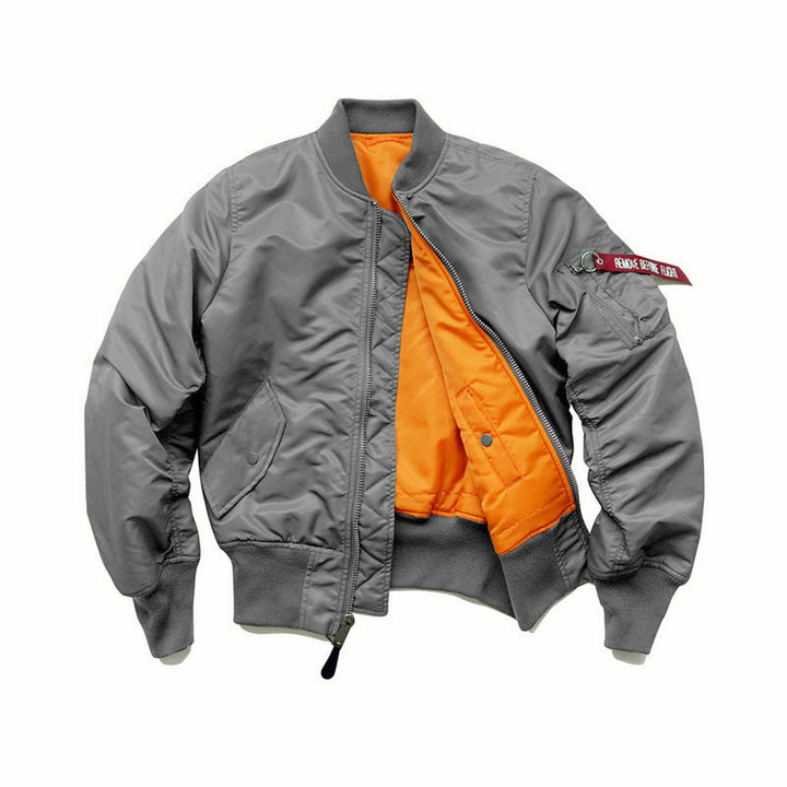 Men's Flight Bomber Jacket with Contrasting Inner Lining, Utility Arm Pocket, and Ribbed Cuffs